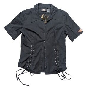 Harley Davidson Small Black Button Up Short Sleeve Lace Up Blouse Top
